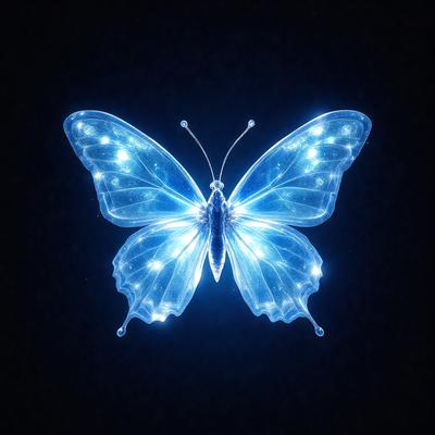 The primary subject of the image is a blue butterfly. The butterfly is the main focus of the image, and it is displayed against a dark background. The visual style of the image is digital art, as it appears to be a digital illustration or drawing of the butterfly. The colors and mood of the image are predominantly blue, creating a calm and serene atmosphere.